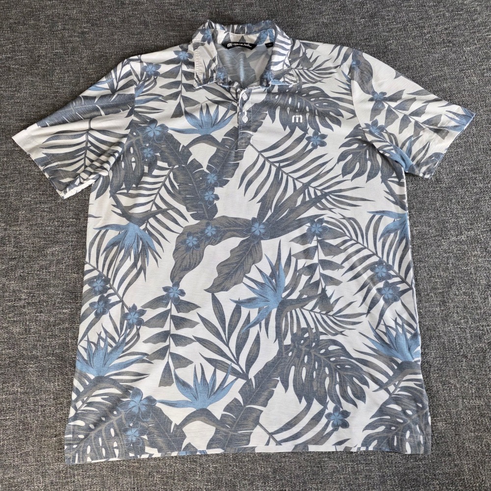 TravisMathew Men's Large Tropical Floral Polo Shirt Blue White Short Sleeve